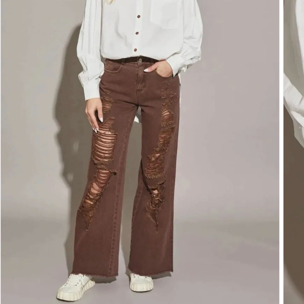 Mustard Seed Brown Distressed Flare Jeans